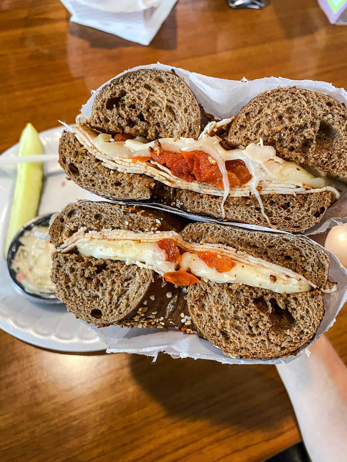 A pumpernickel bagel with turkey, cheese and peppers at the Bagel Dock Cafe in Calabash