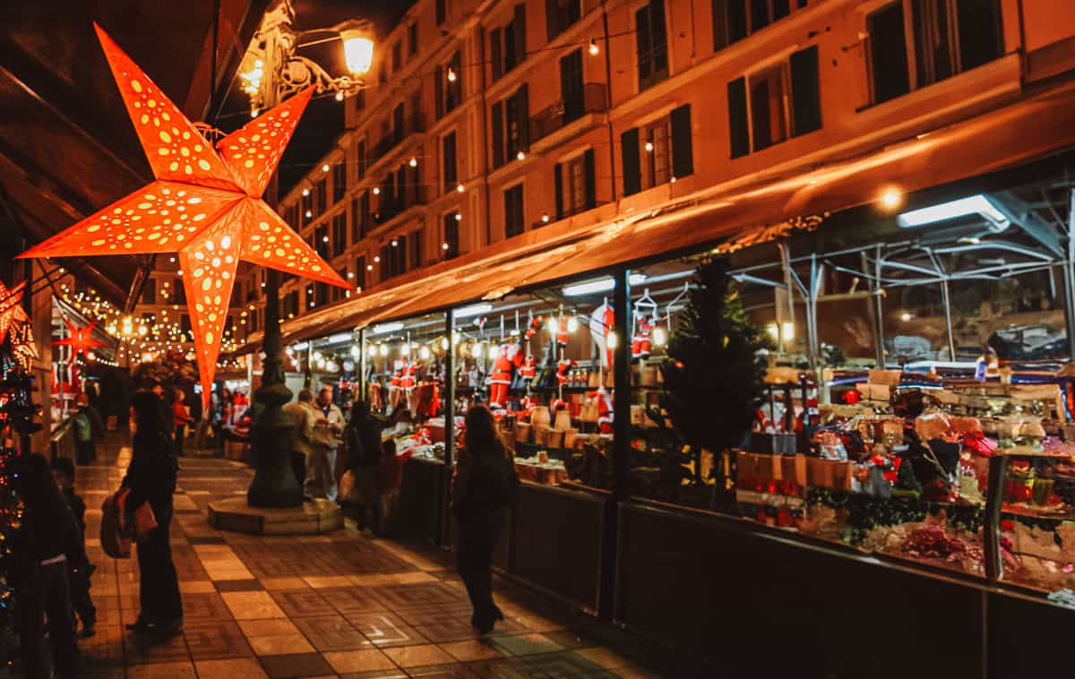 A vibrant Christmas Market in Mallorca Spain with stalls and stars