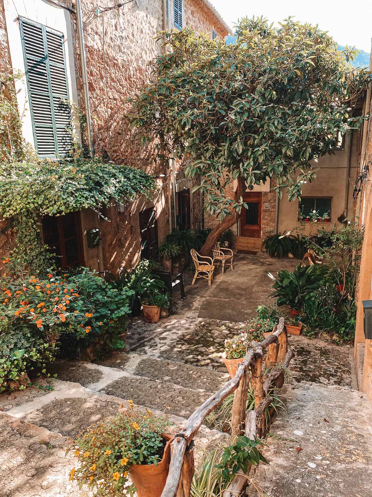 a beautiful stone terrace with a brown building and chairs surrounded by green plants