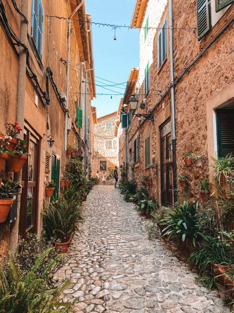 a narrow stone lane with brown stone buildings and lots of flowers