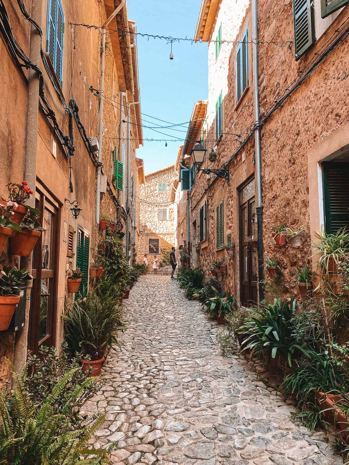 a narrow stone lane with brown stone buildings and lots of flowers