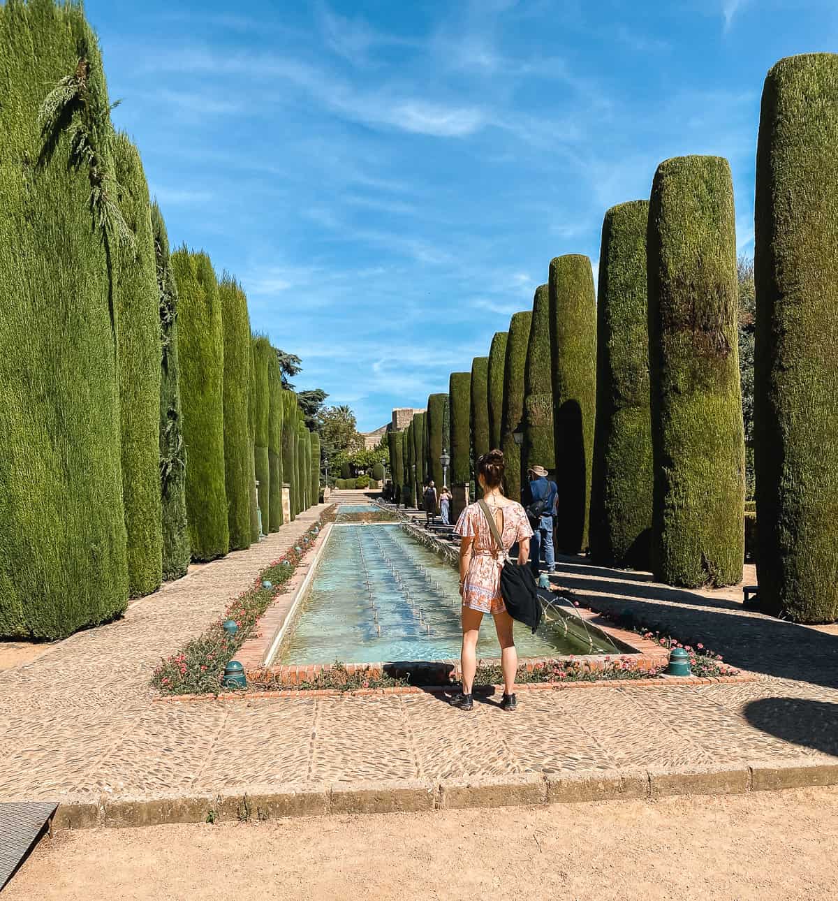 A woman in a pink dress standing in front of a pool with trees