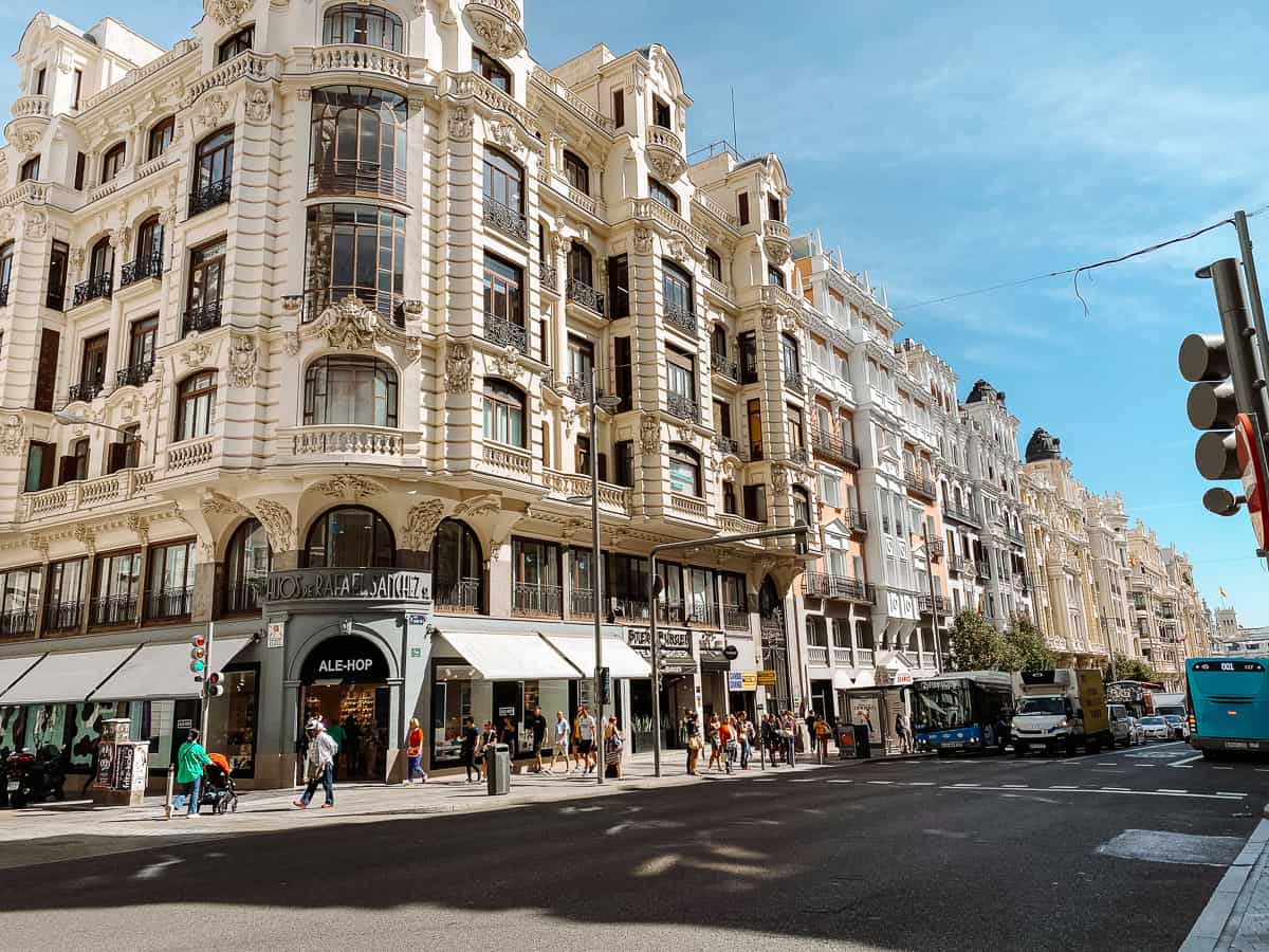 The Gran Via in Madrid is a very walkable street with large sidewalks