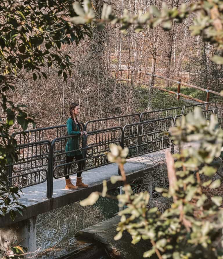 a woman in a green sweater stands on a bridge with branches framing the photo in Madrid's Casa de Campo