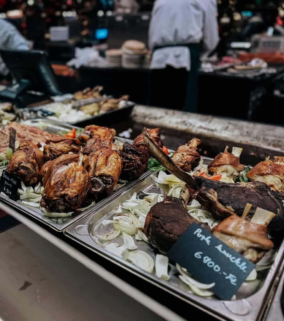 A tray of duck legs at a christmas market in Budapest