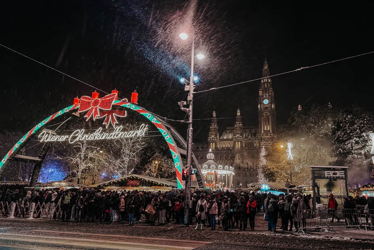 The busy Christkindlmarket in Vienna Austria 