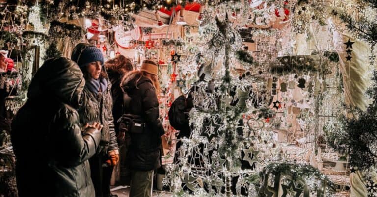 glittery lights on christmas trees at a market in Berlin