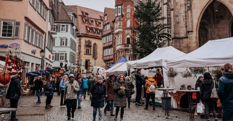View of a busy street market adjacent to a large Gothic church in Tübingen, with people browsing stalls under overcast skies."