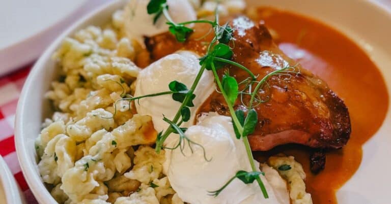 A plate of Hungarian food with a creamy sauce, chunks of meat, and a side of dumplings drizzled with sour cream.
