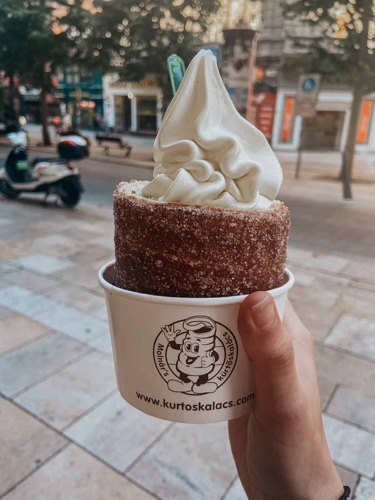 a hand holding a chimney cake in a cup stuffed with vanilla soft serve