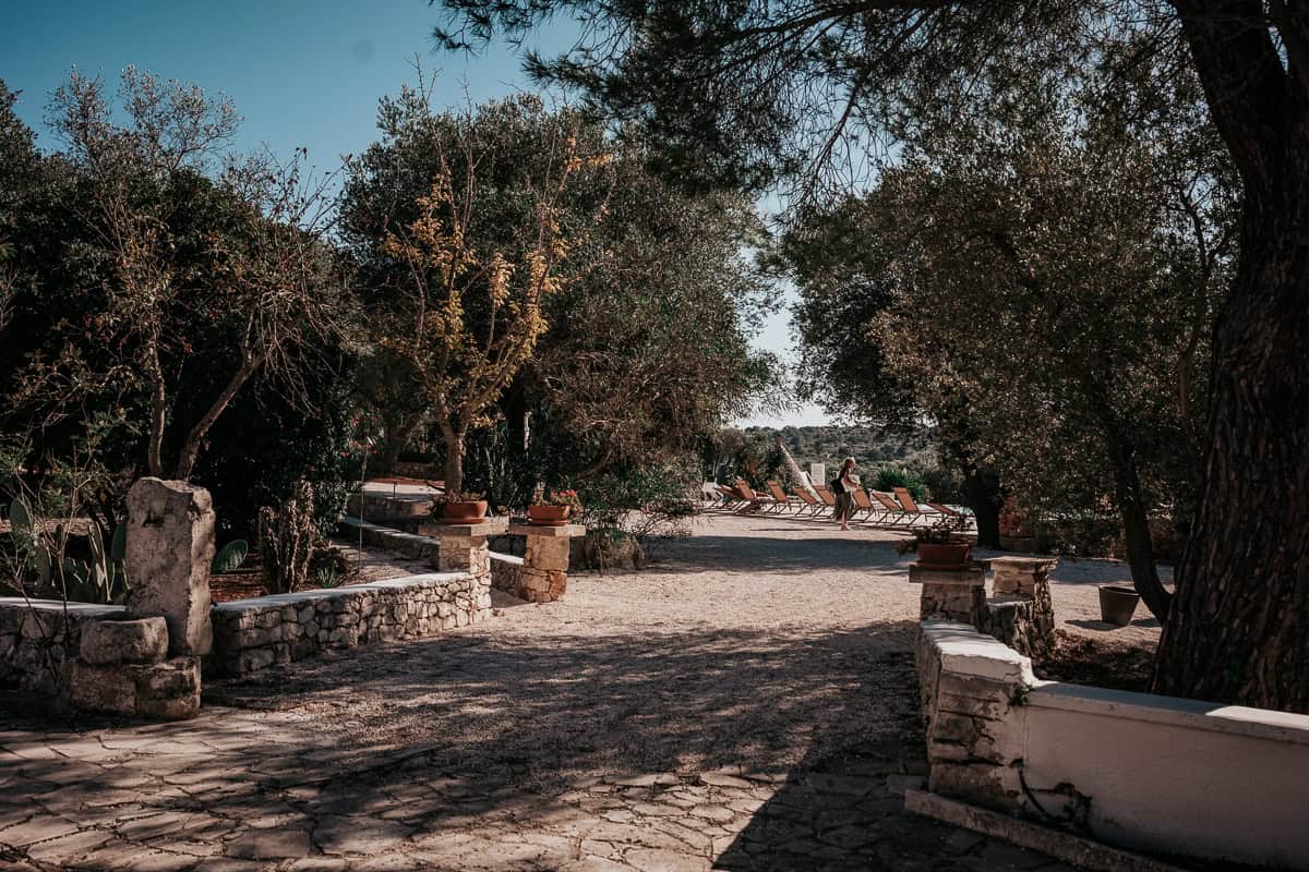 A lush Mediterranean-style hotel garden with stone pathways, olive trees, and lounge chairs under the shade.