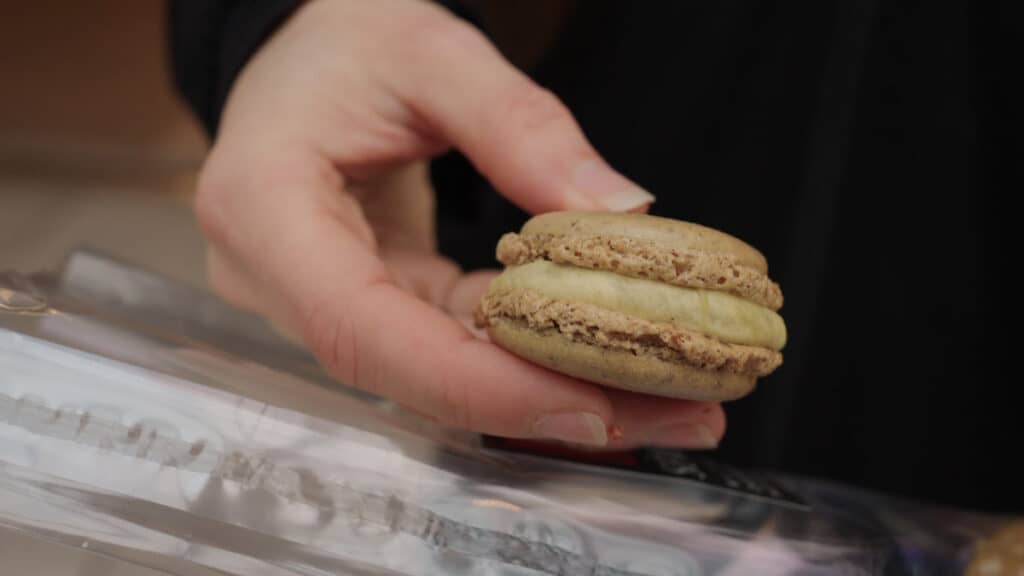 Pistachio macaron from Chocolatier Sève in Lyon, showing delicate shells and a smooth, creamy filling