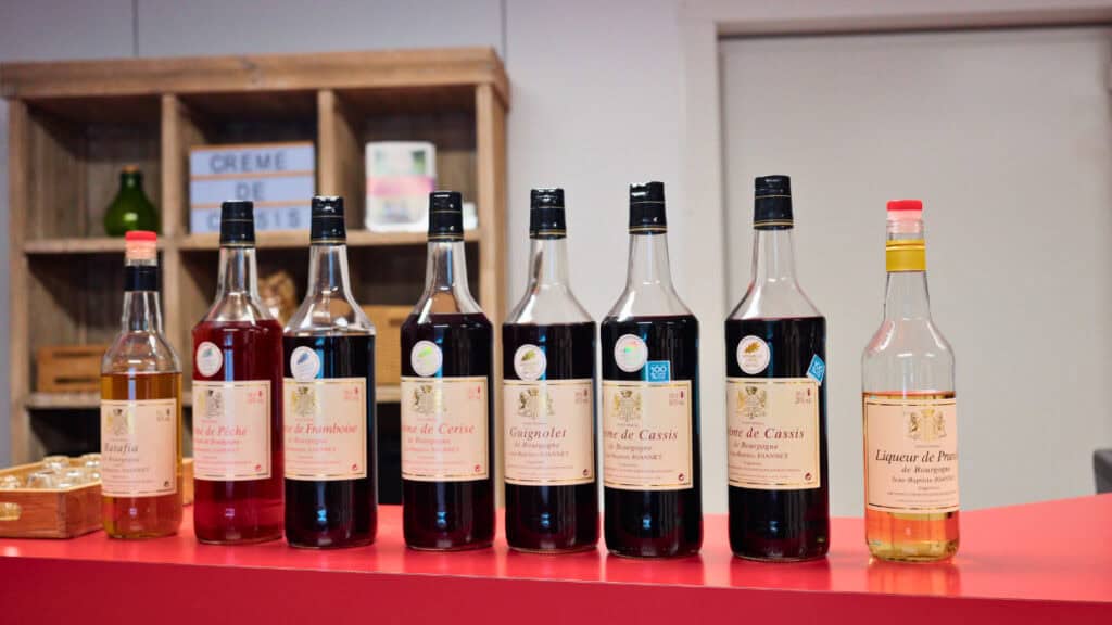 Bottles of Burgundy fruit liqueurs lined up at a French distillery tasting room