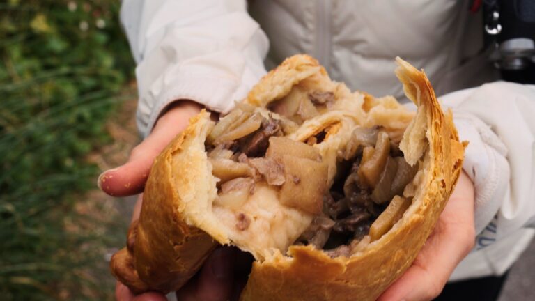 Hands hold a freshly baked pastry broken open to reveal chunks of meat and potatoes inside a flaky crust. This traditional English food pasty is shown outdoors highlighting its hearty filling.